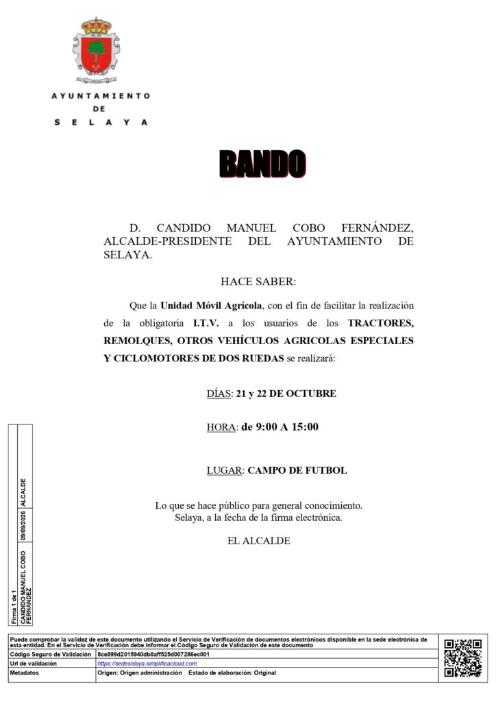 BANDO ITV TRACTORES, REMOLQUES, OTROS VEHÍCULOS AGRÍCOLAS Y CICLOMOTORES 2026