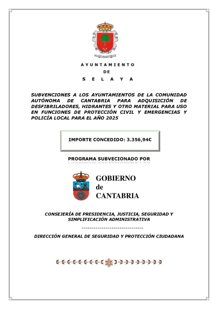 SUBVENCIONES DEL GOBIERNO DE CANTABRIA PARA ADQUISICIÓN DE DESFIBRILADOR, HIDRANTES Y OTROS MATERIALES PARA EL FUNCIONAMIENTO DE PROTECCIÓN CIVILORDEN PRE/21/2025